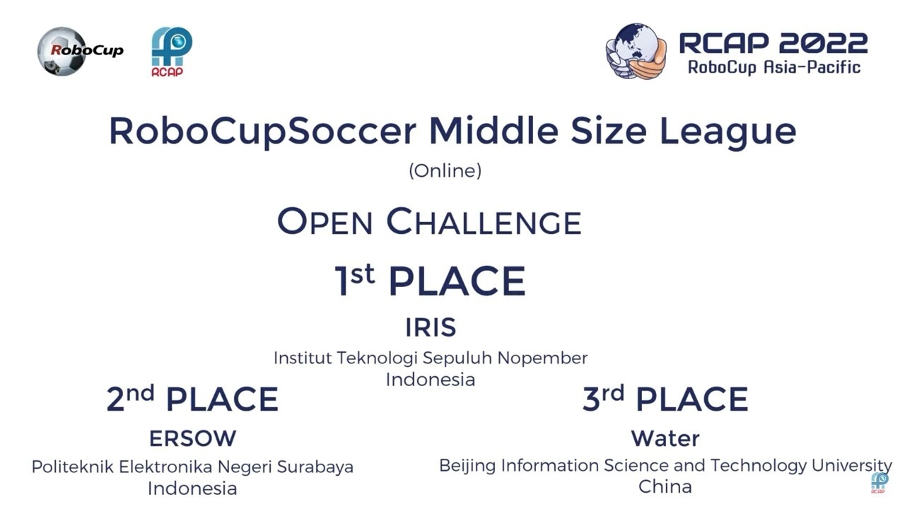 Penganugerahan juara I kategori Open Challenge yang dapat dimenangkan tim IRIS ITS di ajang RoboCup Asia Pacific 2022